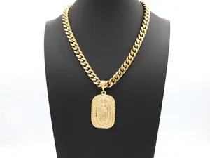 Large Virgin Mary Necklace, Gold Guadalupe Pendant, 14k Heavy Plated, 10mm Cuban Chain, Lifetime Replacement