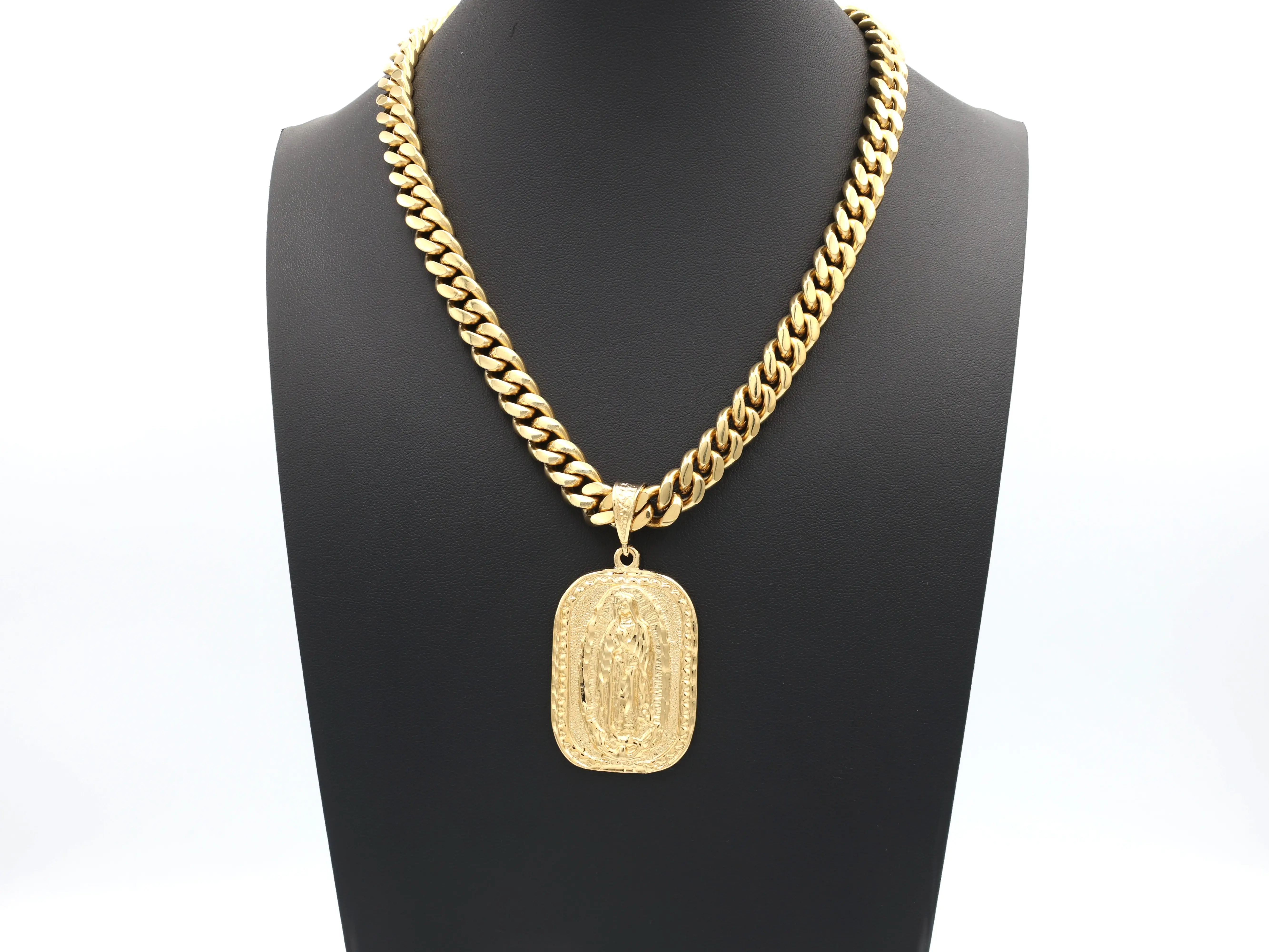 Large Virgin Mary Necklace, Gold Guadalupe Pendant, 14k Heavy Plated, 10mm Cuban Chain, Lifetime Replacement