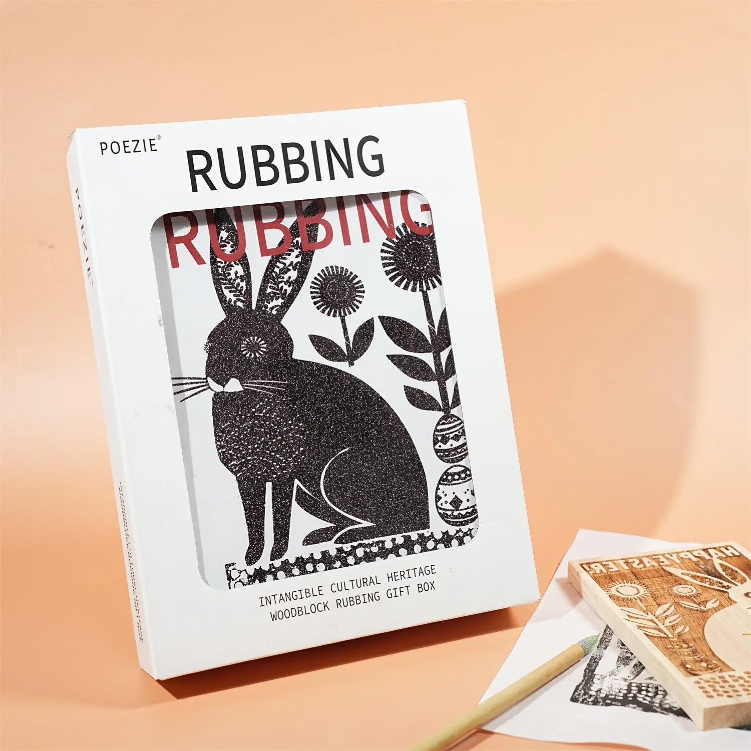 DIY Rabbit Woodblock Rubbing Printmaking Kit for Easter Creative Art Craft Set with Pigment Sponge Brush Parent-child Painting Gift
