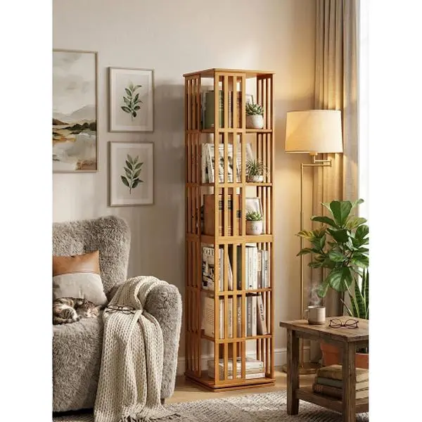 Rotating Bookshelf Tower, 360° Display Spinning Bookcase, 6 Tier Bamboo Bookshelf Floor Standing Storage Rack, Wood Narrow Book Shelf Organizer for Kids Adults (BROWN)