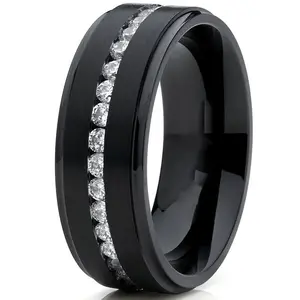 Black Stainless Steel Men's Timeless Wedding Ring, Cubic Zirconia (CZ), Comfortable And Snug Fit, 8mm