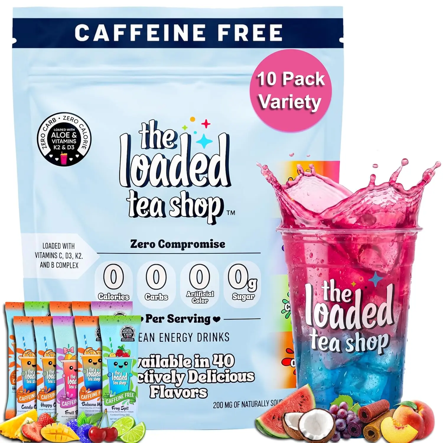 The Loaded Tea Shop Caffeine-Free Functional Drink Mix Sticks Variety 10 Pack, Sugar Free, Zero Calorie Powder Drink Mix, B Vitamins, No Artificial Colors or Flavors, Refreshing Variety Beverage Mix Packets