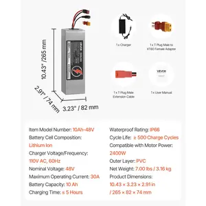 VEVOR 48V Electric Scooter Battery, 10Ah, Ebike Lithium Battery Pack with 30A BMS, Charger, T-Plug Expansion Cable, 500+ Cycles, Compatible with 2400W Motors, for Electric Bikes Bicycles, Scooters