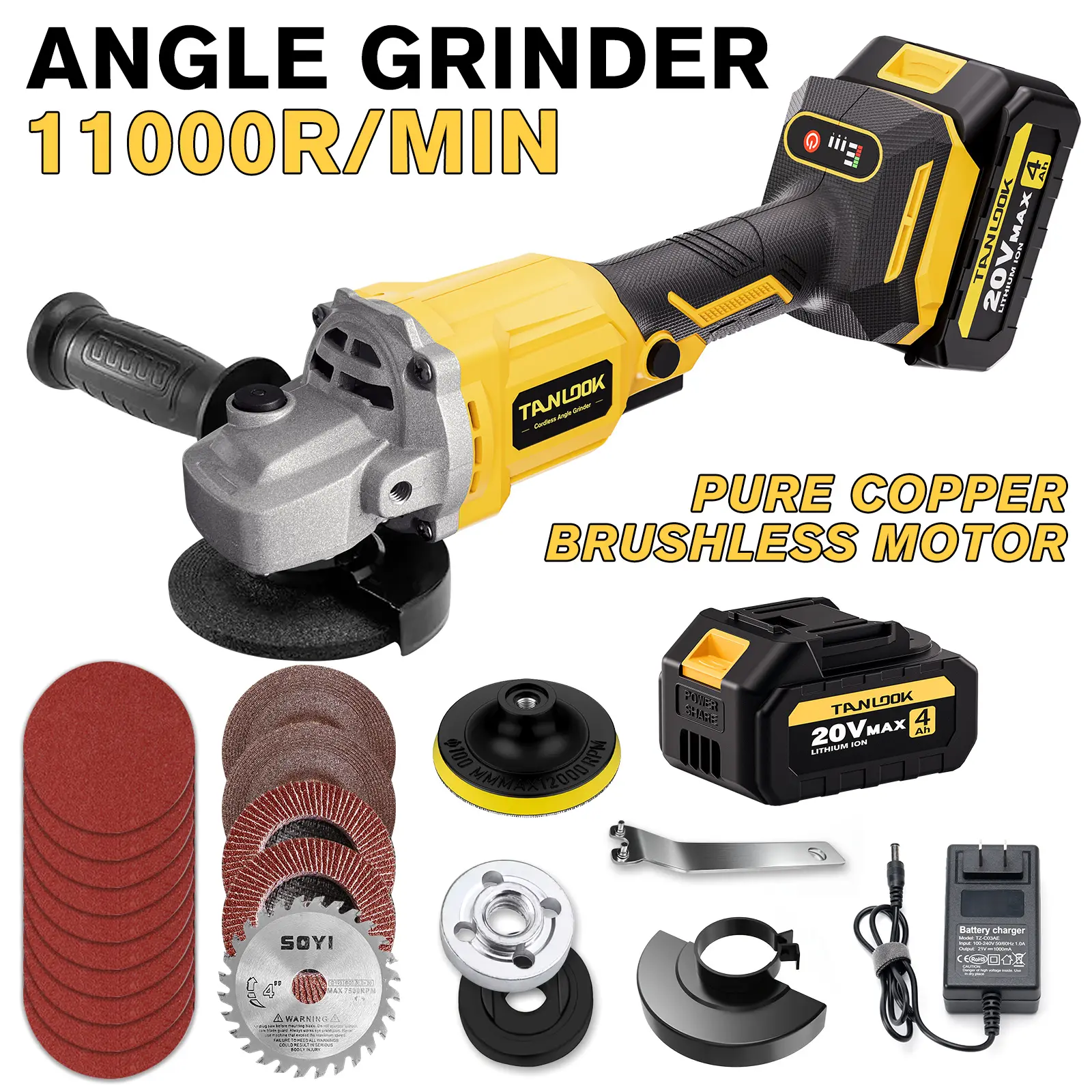 TANLOOK Brushless Cordless Angle Grinder Power Tool - 4Ah High-Capacity Battery, Portable Handle, for Sanding/Grinding/Cutting, Ideal for Home Decoration & DIY, Father's Day Tool Gift