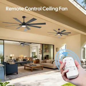 62 Inch Ceiling Fan with Light and Remote,Large Outdoor Ceiling Fans with Light for Patio,Black Industrial Ceiling Fan 8 Blades For Large Living Room Porch Farmhouse Damp Rated, Quiet Reversible DC Motor Indoor Lighting