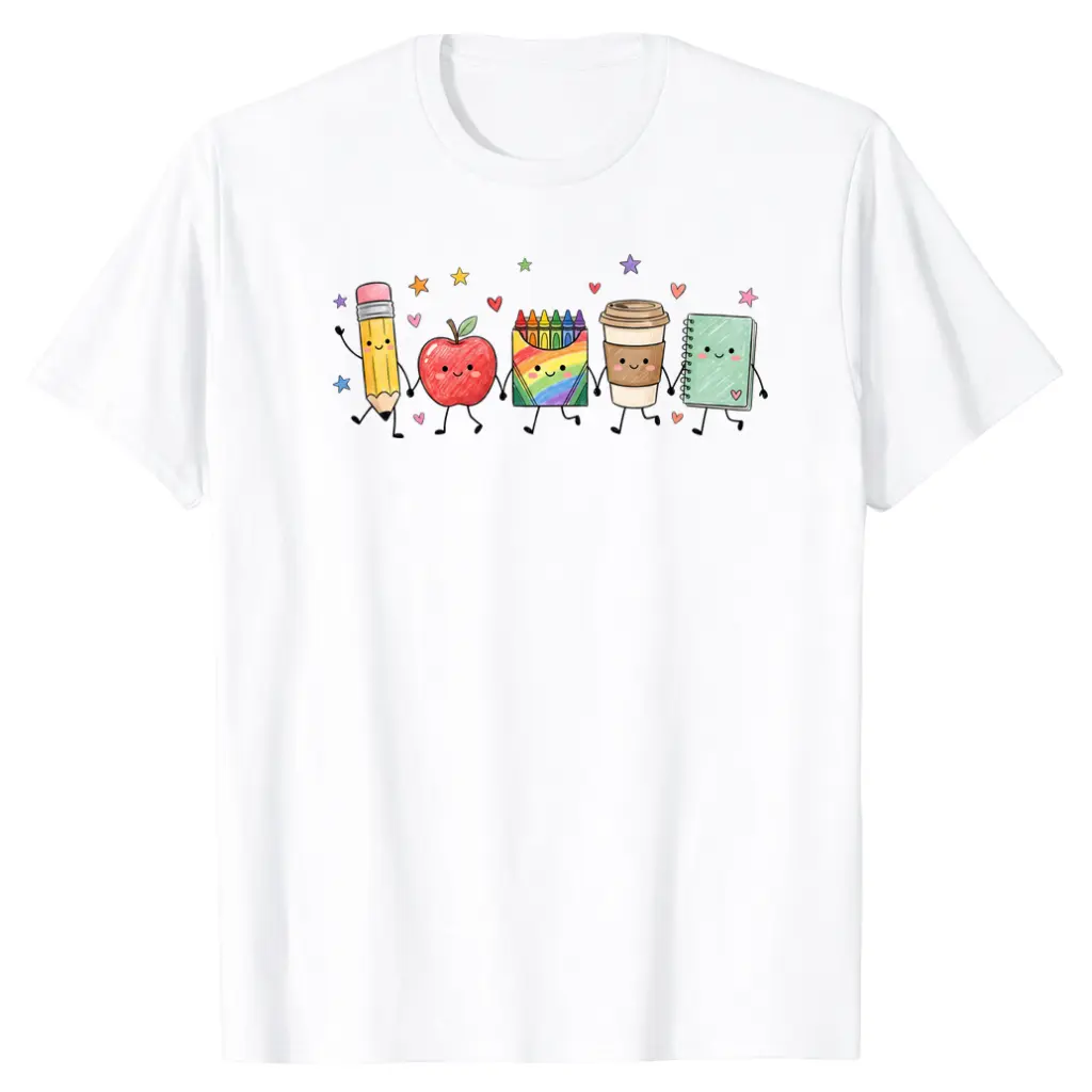 Cute Hand Drawn Anthropomorphic School Supply Characters Crew Neck Short Sleeve T-shirt For Teacher Back To School Daily Campus Outfit