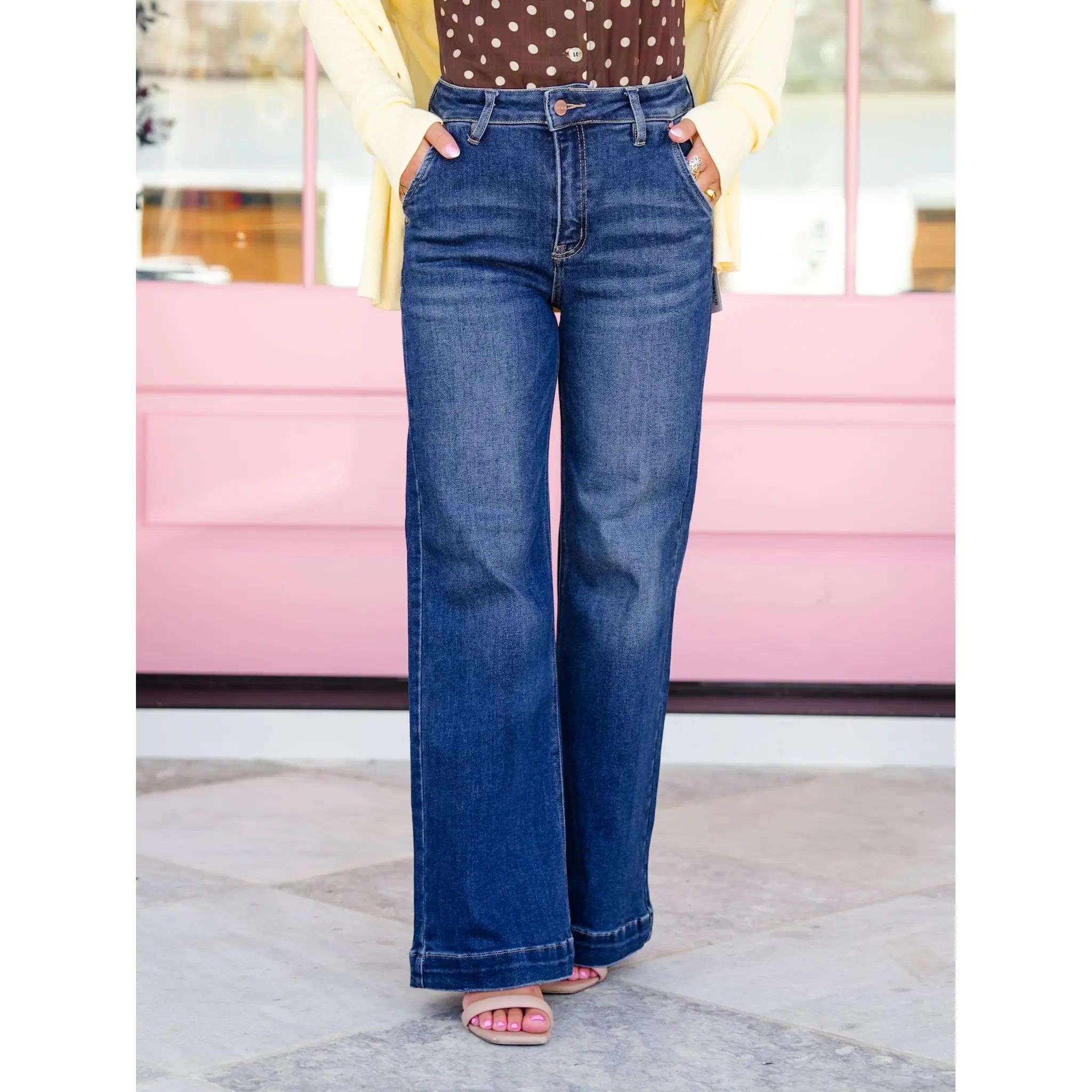 Risen High Rise Dark Wash Multiple Inseam Wide Leg Jeans with Slanted Pockets