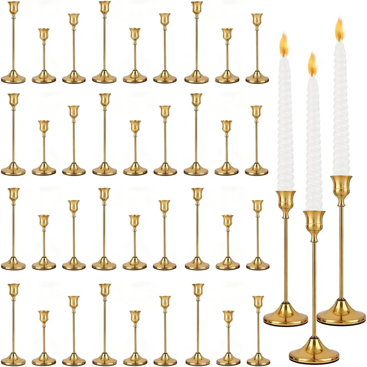 36PCS Polished Brass Gold Vintage Metal Taper Candle Holders Set - 3 Sizes, Weighted Bases - Elegant, Glamorous, Luxury Candleholder Sets, Gold Candelabra Decor for Wedding, Dining Room Home Decoration