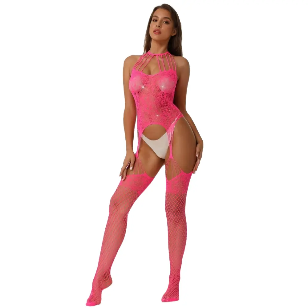 Floral Lace Rhinestone Mesh Bodysuit - Elegant One-Piece Base Layer (Hot Pink)