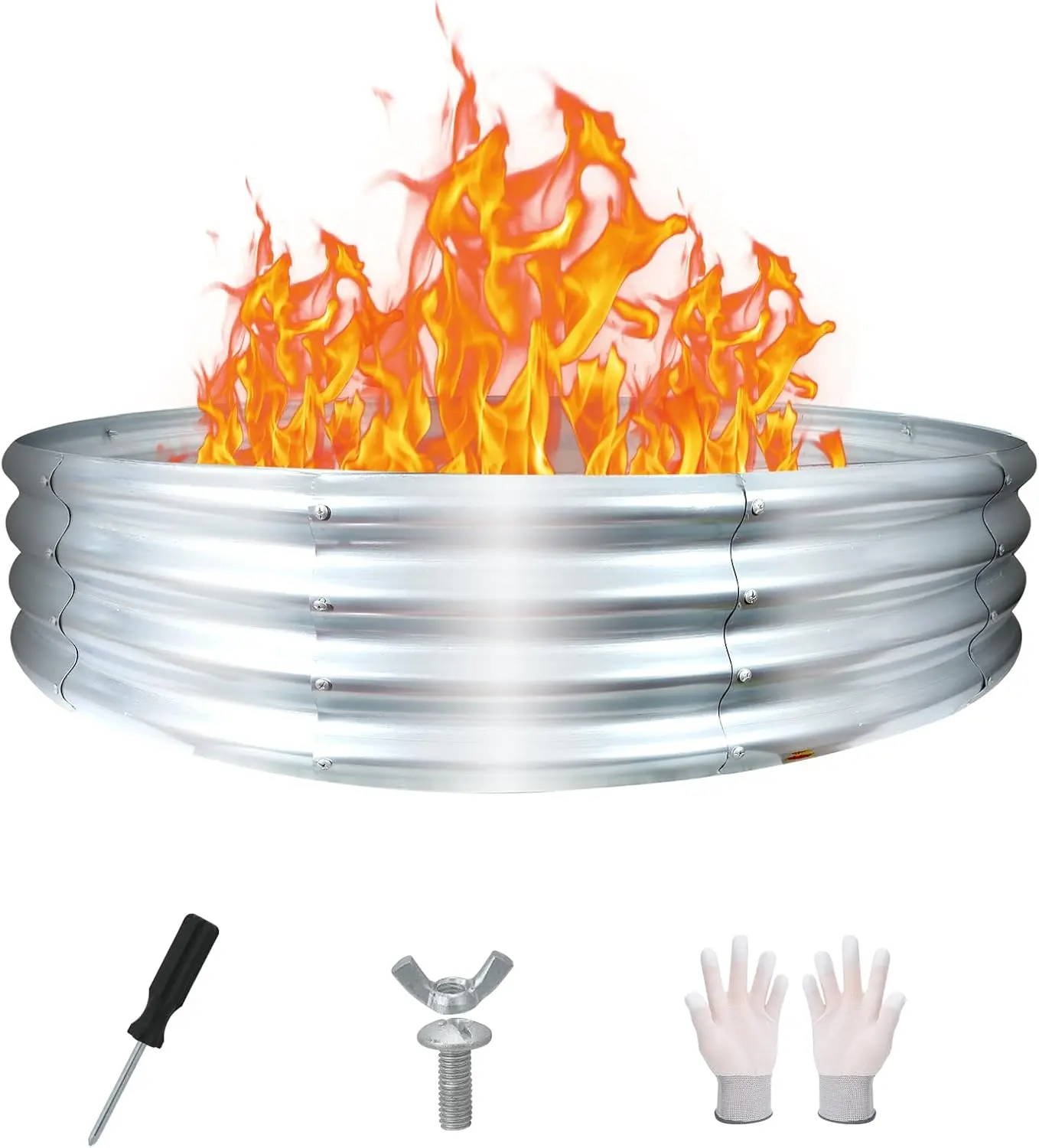 Galvanized Steel Round Fire Pit Ring - 60-in Diameter, 12-in Depth, 0.8mm Thickness, Foldable, Detachable Parts, Lightweight and Portable, Assembly Required, for Backyards, Outdoor Gatherings, Metal