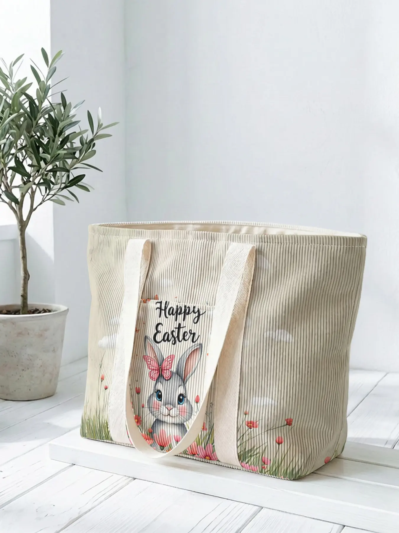 1 piece of Rabbit + Happy Easter 2D print tote bag, large capacity space|perfect for commuting/shopping/going to work|carry the gentleness and faith of Easter in your hands, Easter