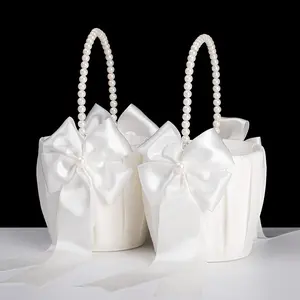 Flower Girl Baskets for Wedding Ivory Flower Girl Basket With Pearl Handle Set of 2 Wedding Baskets for Flower Girls