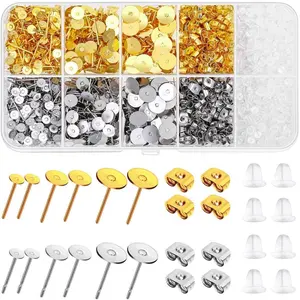 Hypoallergenic Earring Posts and Backs, 2000pcs Stud Earrings Making Kit with Ear Ring Base and Earring Backs for Leather Stud, Clay, Pearl Jewelry Making (Gold & Silver)
