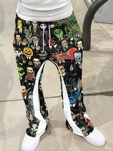 Men's street wear retro bell bottom pants, Gothic Halloween casual sweatpants, a fusion of anime style and street style, drawstring waistband+white stripes on the sides+tassel decoration on the hem, combining decorative and casual feel