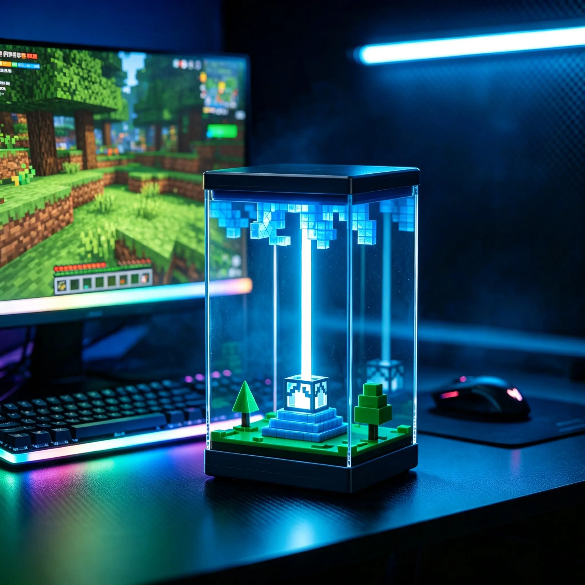 Minecraft-Inspired Beacon LED Night Light with Pixel Block Design, USB-Powered Gaming Lamp with a Soft Cool Blue Glow, Aesthetic Gamer Desk Decor for Gaming Room, Bedroom, Desktop Shelf & Streamer Setup, Ideal Gift for Minecraft Fans, Kids & Adult Video G