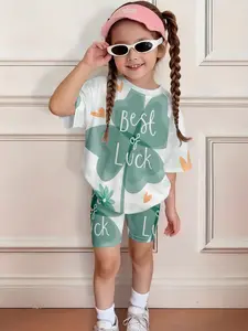 Lucky Four-Leaf Clover Kids Set, Summer Girls Short Sleeve Top & Tight Pants, Block Two-Piece
