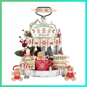 Jetec 12 Pcs Christmas Tiered Tray Decorations Set Christmas Wooden Signs Tiered Tray Decor Xmas Gingerbread Man Snowflakes Pink Gnome Sign Rustic Farmhouse Decor for Home Table Shelf(Gingerbread)