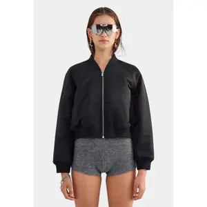 Cropped Nylon Bomber Jacket - Black