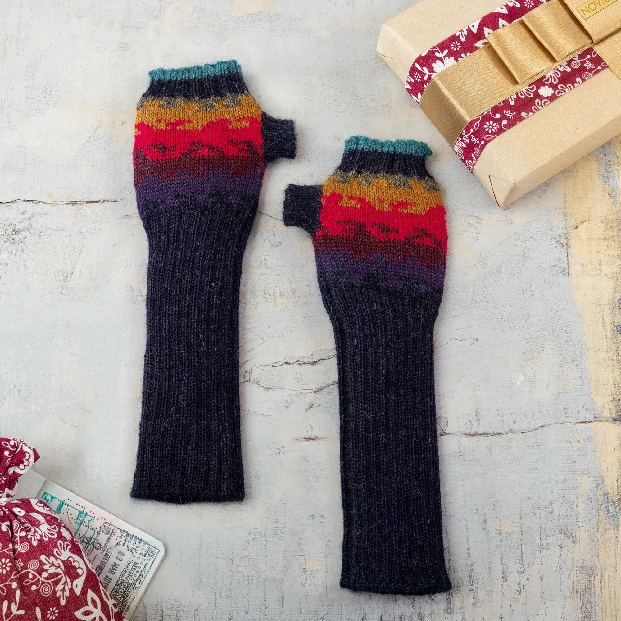 NOVICA Artisan Handmade 100% Alpaca Fingerless Mitts Crafted Wool Gloves Accessories Multicolor Patterned Peru ' Andean Twilight'
