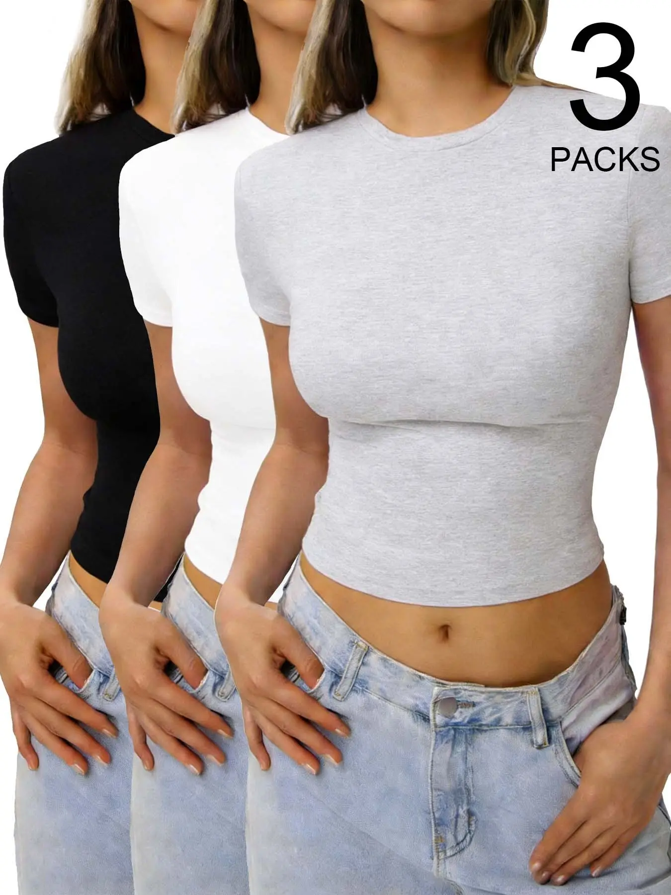 Women's 3-Pack Short Sleeve Slim Fitted Crop Tops. Buttery Soft Stretchy Fabric, Crew Neck Bodycon Cropped Length Basic Layering Tees, Daily Casual Streetwear, Black White Pink/Grey 3-Piece Sets, Womenswear
