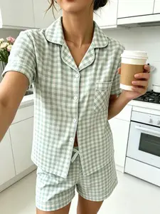 Spring Summer Women's Fresh Plaid Pajama Set, Two-Piece Sleepwear, Elegant Loose-Fitting Short Sleeve, All Seasons Comfort