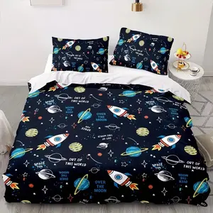 Boys' Space-Themed Rocket Ship Bedding Set, Soft Comfortable Twin Size Sheet (1 Fitted + 1 Pillowcase), Blue Color Design