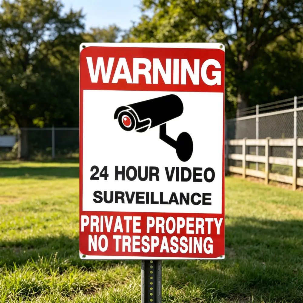 10x7 in Heavy-Duty Rectangle Metal Video Surveillance Sign with Camera Icon - Private Property No Trespassing, Anti-Theft Secure Plaque for Business, Garage - Indoor & Outdoor Home Supplies Decor