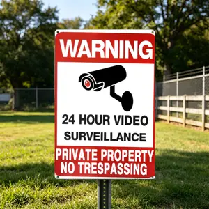 Professional 24 Hour Video Surveillance Sign – Heavy Duty 10x7 Inch Security Warning Plaque with Camera Icon, Private Property No Trespassing Metal Sign for Home, Business, Driveway, Fence, Indoor & Outdoor Use