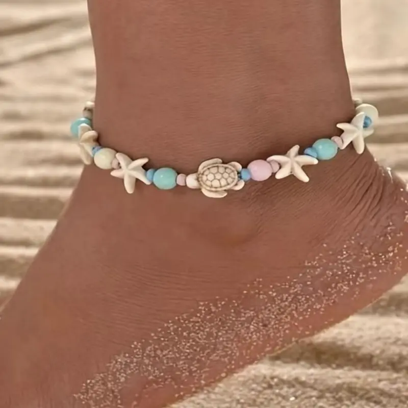 Fashionable Starfish & Turtle Design Beaded Anklet, Fashion Accessories for Parties and Daily Wear, Trendy Versatile & Exquisite Jewelry, Ideal Birthday Gift, Foot Jewelry, Fashionable Accessory