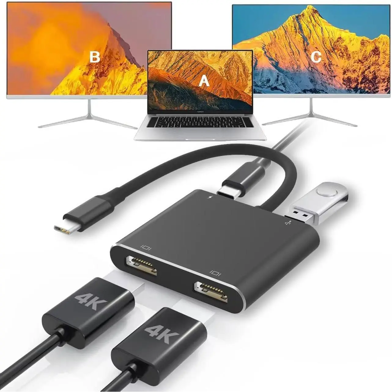 USB C to Dual HDMI Adapter2 output movie,Blcak 4K@60Hz with 100W PD, USB-A, Support C to 2 HD Splitter Extended Display for Type C Devices (MST is not Supported on MacOS)