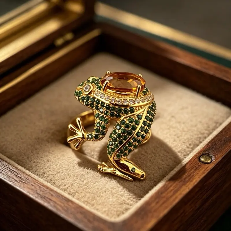 <PingEast Jewelry>925 Sterling Silver citrine Gold-Plated Frog Ring