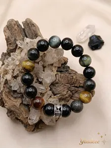 Yastlcee Silver Color Obsidian Tiger's Eye Bracelet, 12mm Natural Stones, 4-Strand Elastic Cord, 7in, Yoga Daily Wear for Men & Women