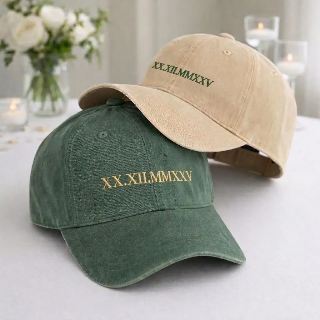 [2 Pack] Custom Embroidered Roman Numeral Matching Caps For Couple , Embroidered Anniversary Date Hats, Matching Couple Wedding Hats, His & Hers Baseball Cap, Newlywed Gift