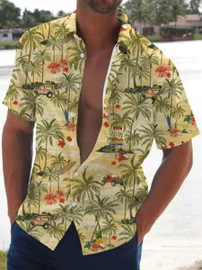 Men's Summer Hawaiian Shirt, Beach Vacation Tropical Print, Soft Skin-Friendly Material, Casual Fitted Short Sleeve, Perfect for Holiday & Daily Wear，Limited-time offer, fast shipping.