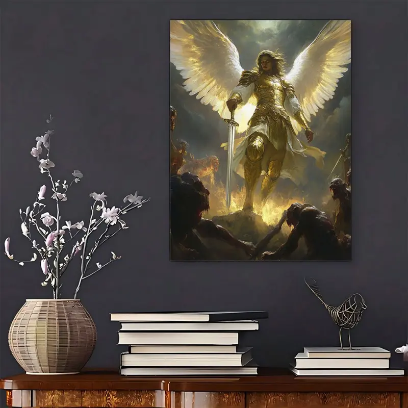 1 Piece PUDRAW Archangel Michael Canvas Painting - Holding Sword, Golden Armor with Background - Religious Wall Art Poster, Modern Home Decor, Suitable for home - Ready-to-Hang Bible Decoration - Ink Print Painting - Spiritual Gift Ide