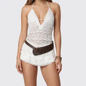 Women Lace Halter Neck JumpsuitSleeveless Open Back Layered Ruffled Shorts Romper