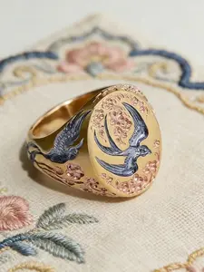 2026 Vintage Style Bird Flower Enamel Copper Ring, Elegant Geometric Design, Perfect for Daily Wear and Parties, Vintage Rings Jewelry