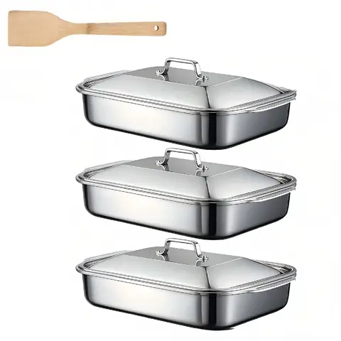 LOVEWE 3/2-Pack Durable Stainless Steel Rectangular Baking Trays with Wooden Shovel, Baking Dish Set, Rectangular Casserole Dish, Oven Safe Heat-Resistant Bakeware, Kitchen Supplies for Home Cooking, From Oven to Serving Table