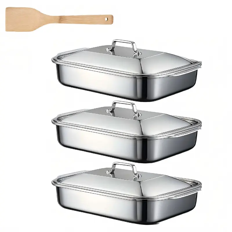 LOVEWE 3/2-Pack Durable Stainless Steel Rectangular Baking Trays with Wooden Shovel, Baking Dish Set, Rectangular Casserole Dish, Oven Safe Heat-Resistant Bakeware, Kitchen Supplies for Home Cooking, From Oven to Serving Table
