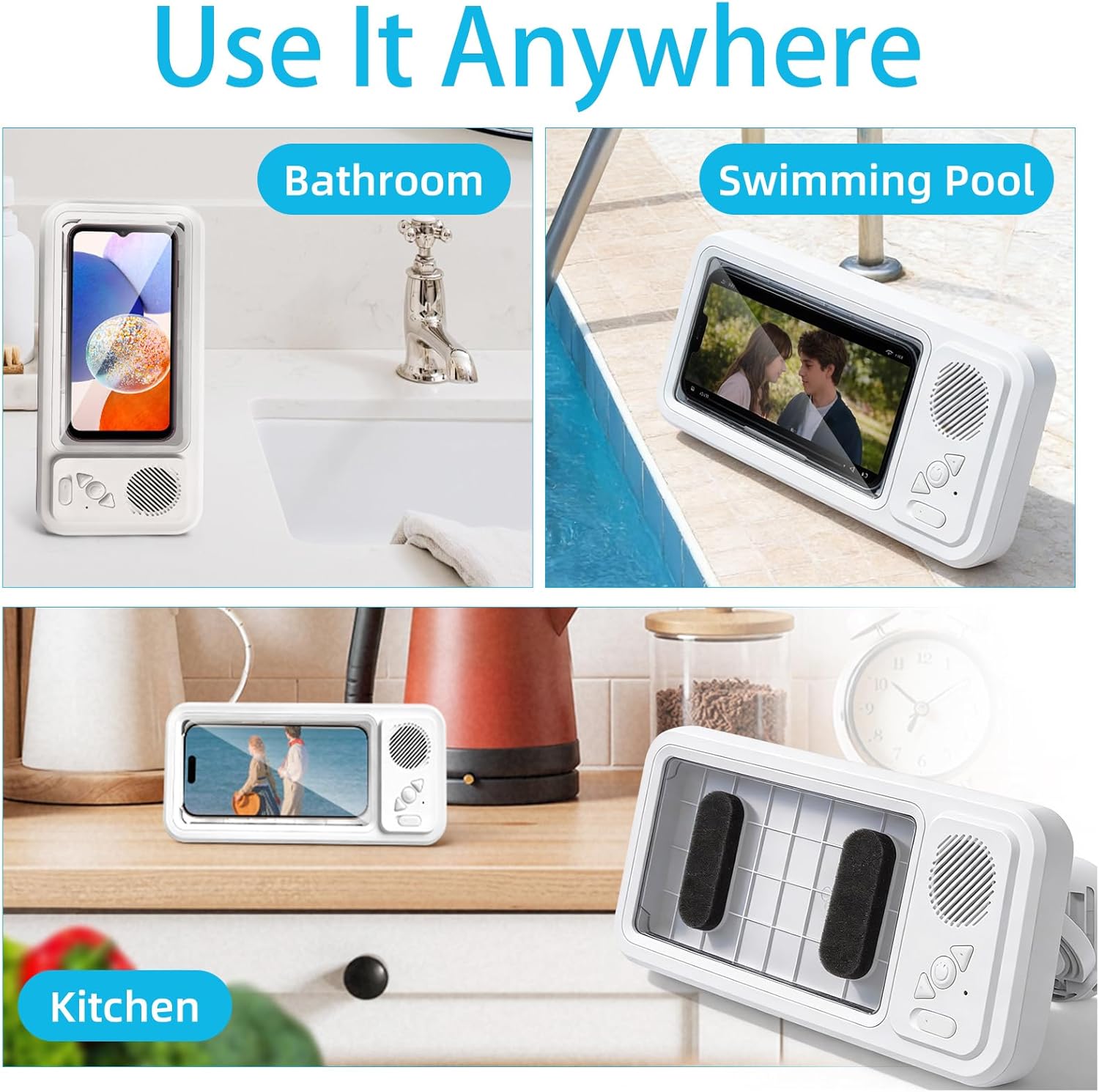 2-in-1 Waterproof Shower Phone Holder with Bluetooth Speaker, 360° Rotation Anti-Fog Touch Screen Wall Mount Case, Bathroom Phone Box for Music & Movies, Fits All Smartphones