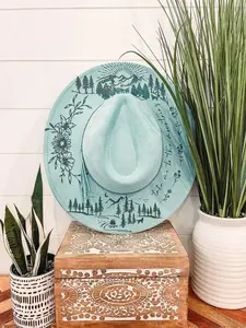 Mountain Theme Burned Hat, Floral Engraved Cowboy Hat, Bachelorette Hat, Mountain Burned Fedora, Engraved Fedora, Engraved Felt Hat, Boho Hat, Nashville Bachelorette, Nashville Hat, Country Concert Hat, Wedding Hat