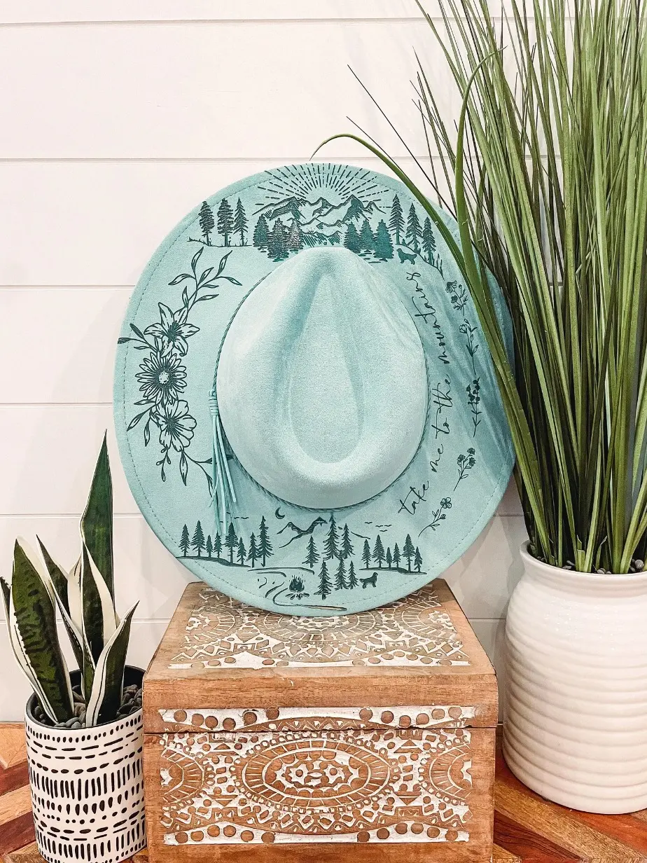 Mountain Theme Burned Hat, Floral Engraved Cowboy Hat  display picture 1