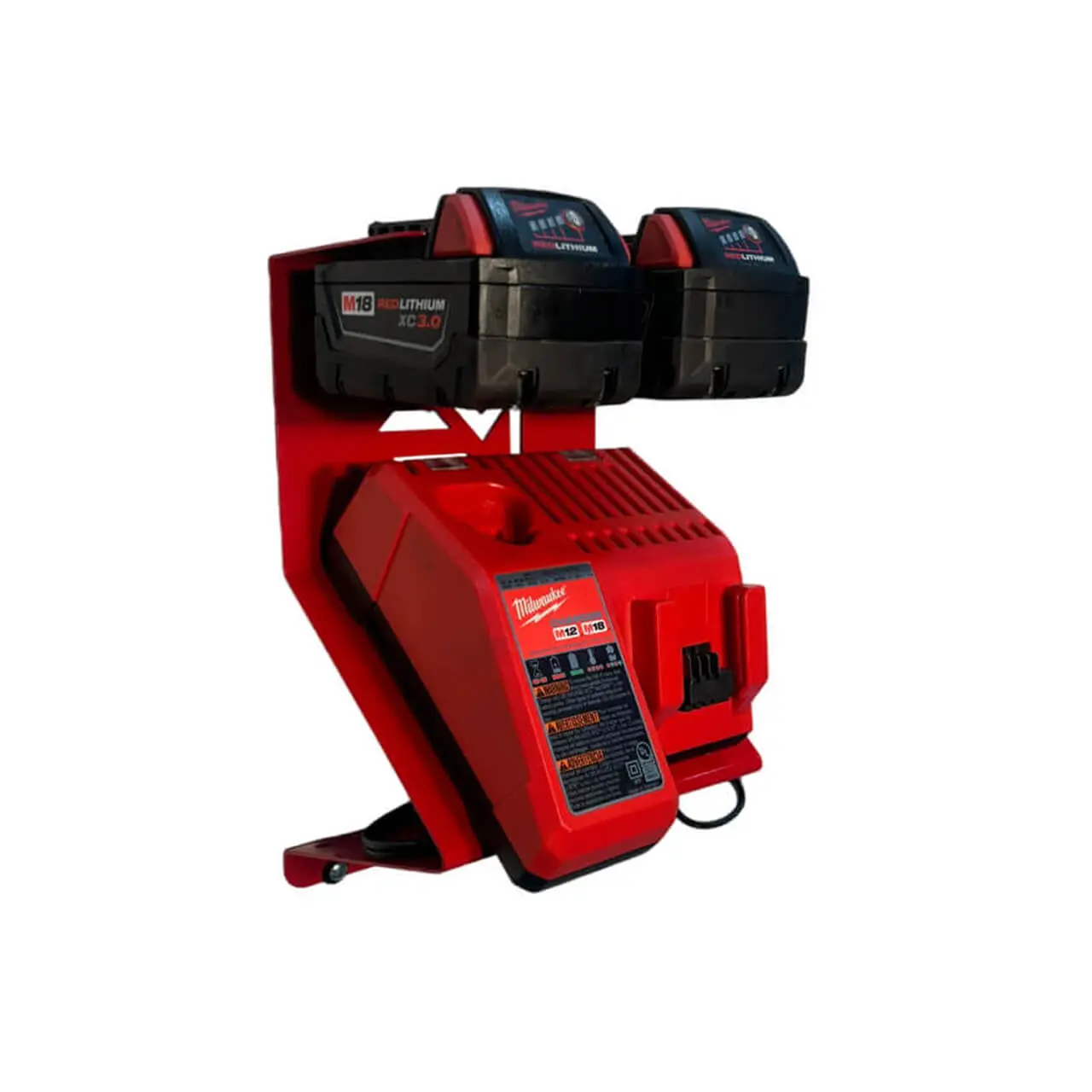 Charger and Battery Mount - Compatible with Milwaukee 18v Battery - Red Powder Coat, Holds 2 Batteries & 1 Charger, Cold-Rolled Steel, 5x11 Inches, Elite Mounts
