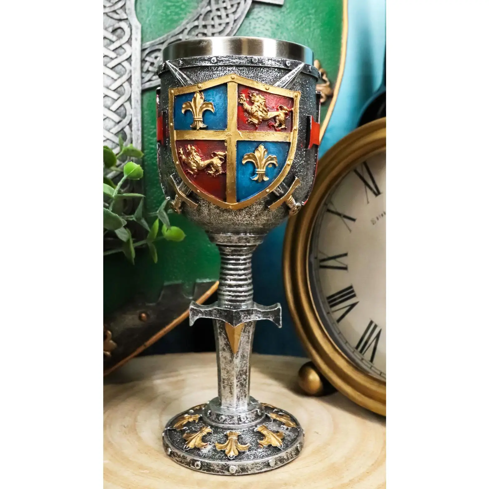 8 oz Stainless Steel Medieval Crusader Knight Mug - Glossy Colorful Handcrafted, Lion, Fleur De Lis, Coat of Arms Designs, Polyresin Top, Washable Kitchenware Drinkware with Medieval Elements for Drinking & Decor
