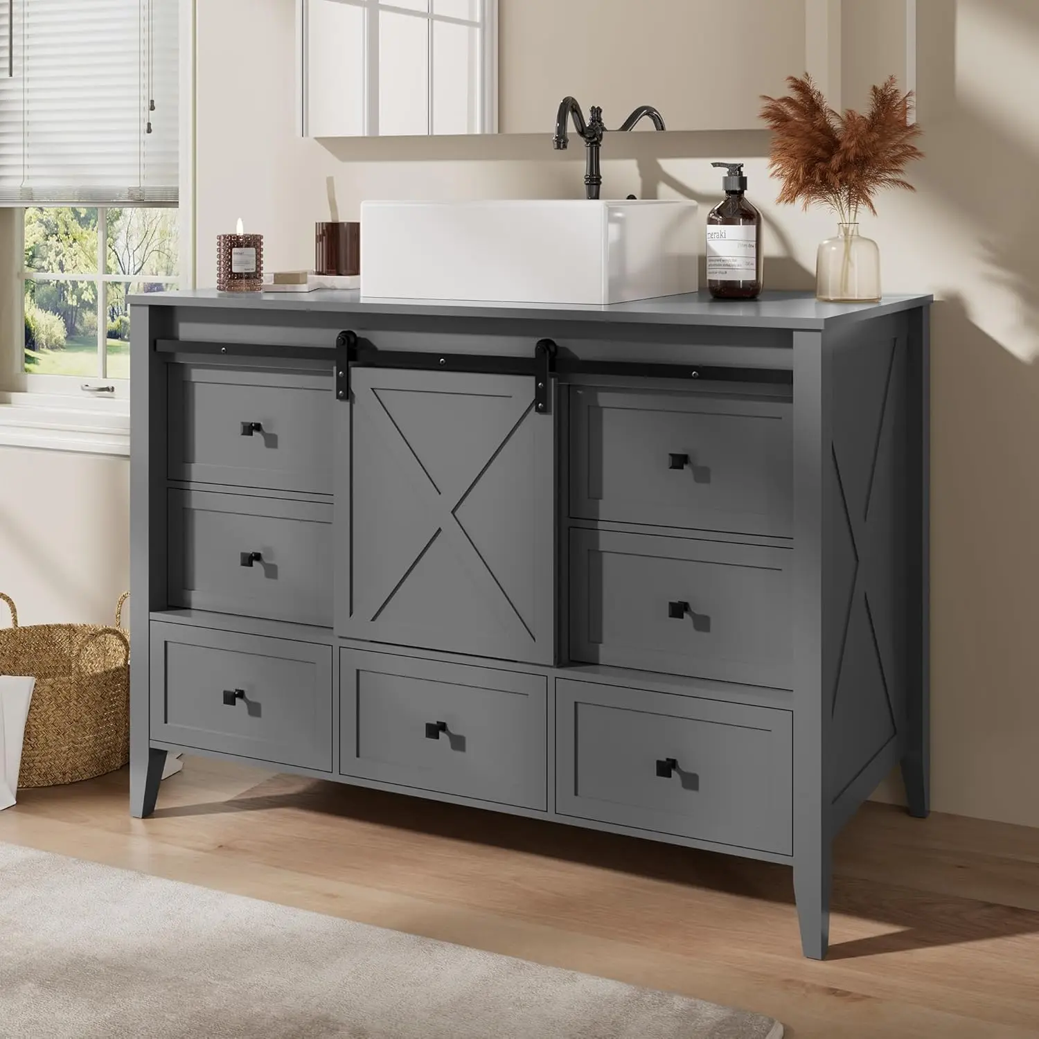 Bathroom Vanity with Sink - 48 Inch Bathroom Vanity with Sink Ceramic, Freestanding Cabinet with Farmhouse Sliding Barn Door and 7 Drawers, Space-Saving Storage Cabinet, Grey