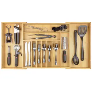Premium Silverware, Flatware and Utensil Organizer for Kitchen Drawers, Food-Safe Contract Grade, Expandable from 18 to 33 In, Natural Bamboo Boxes Adjustable