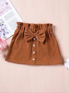 Toddler Girl's Solid Bow Decor Button Sweater Skirt, Cute A Line Short Skirt for Daily Wear, Kids Clothes for Spring & Fall, Baby Girl Clothes