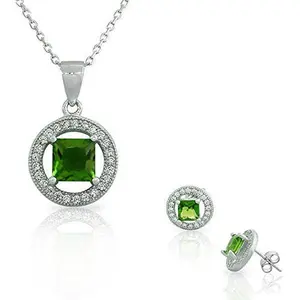 925 Sterling Silver Aquamarine-Tone Blue White CZ Round Square Pendant Necklace Stud Earrings Set