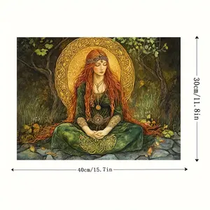 Brigid Celtic Goddess Wall Art Frameless Canvas Print Red-Haired Meditating Figure in Green Dress Vintage Celtic Decor Mystical Home Decor High-Quality Canvas Artistic Room Ornaments