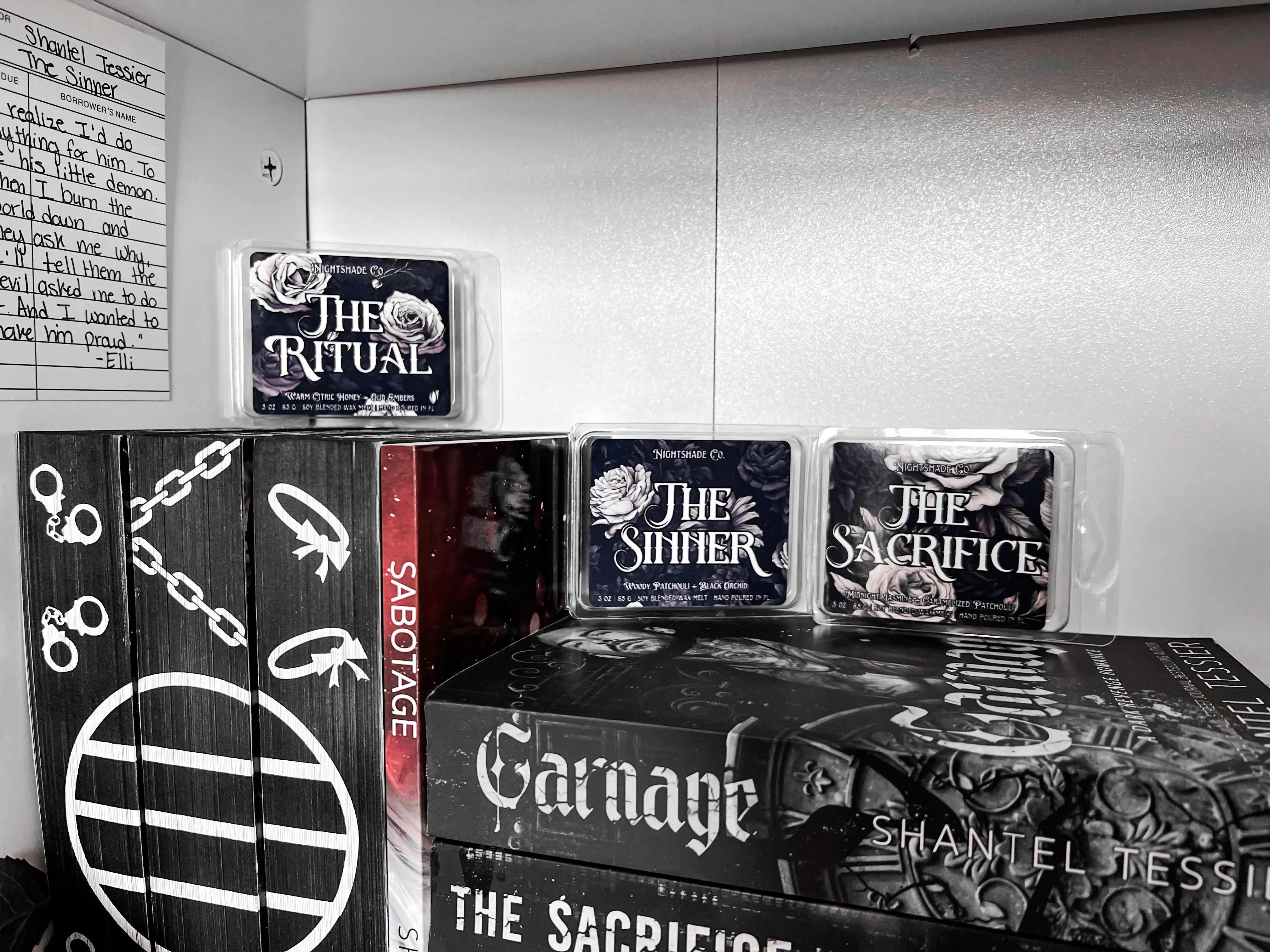 WAX MELTS BOOK TITLE Shantel Tessier licensed, The Ritual, The Sacrifice, The Sinner, Carnage